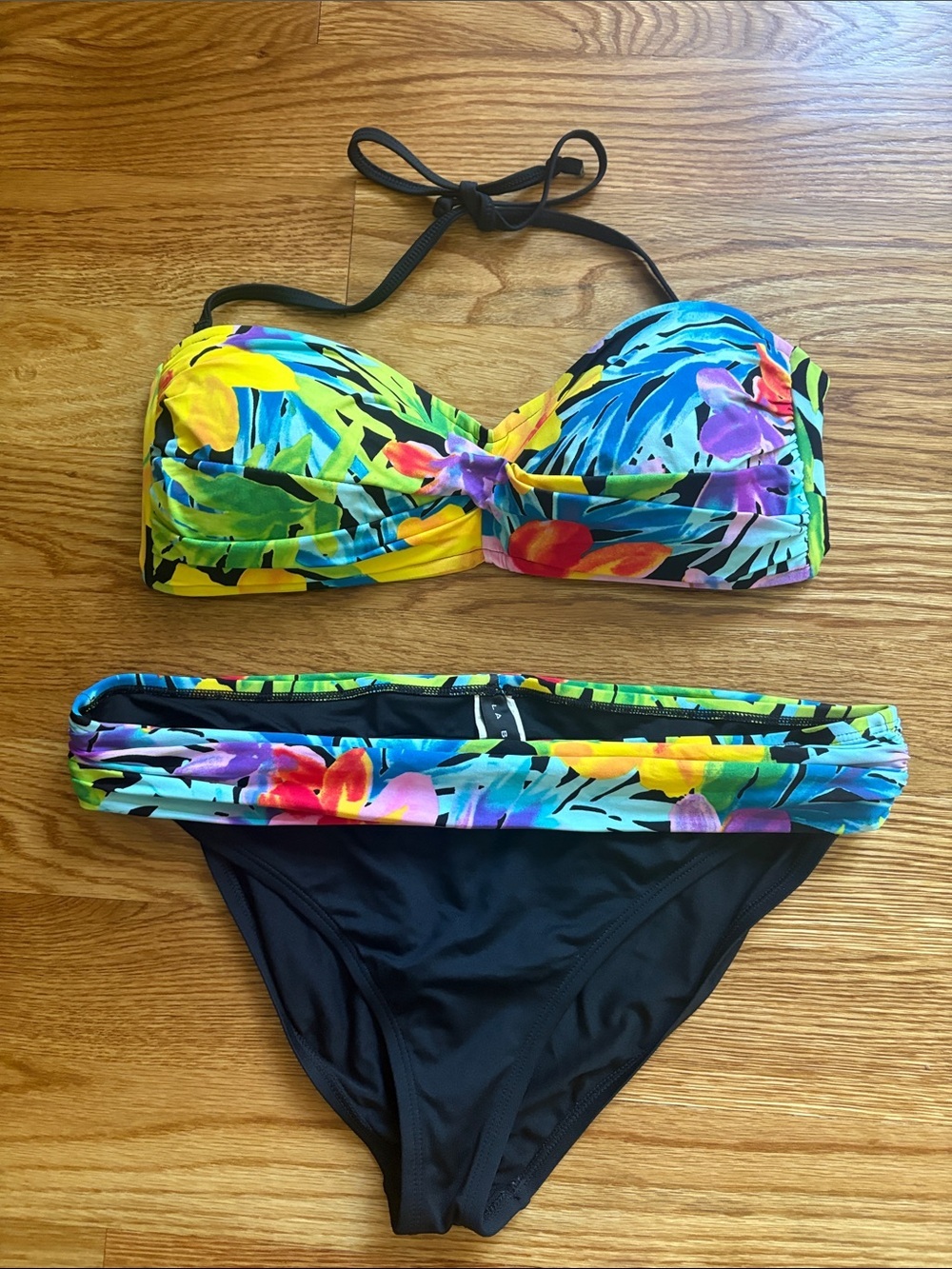 La Blanca Black Bandeau halter Bikini swimsuit Bright Tropical Floral Print 14